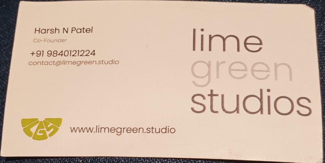 Business card of Harsh Patel from Lime Green Studios